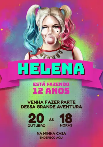 Convite Arlequina Coringa editável e personalizável