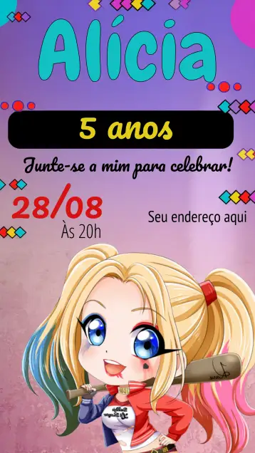 Convite Arlequina Coringa para aniversário infantil – tema aniversário infantil (colorido, divertido, temático, moderno, jovial)