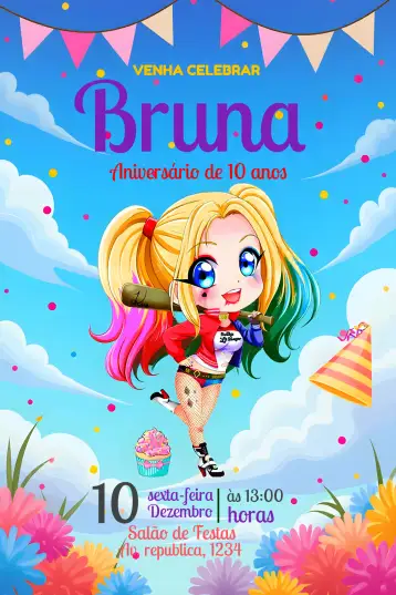 Convite Arlequina Infantil para aniversário infantil com tema arlequina. – tema cumpleaños infantil (colorido, divertido, moderno, temático, jovial)