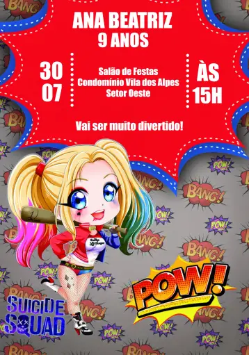 Invitación Arlequina Logos editable y personalizable