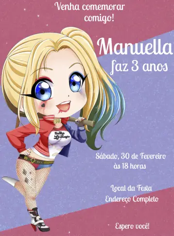 Invitación Arlequina Niña editable y personalizable