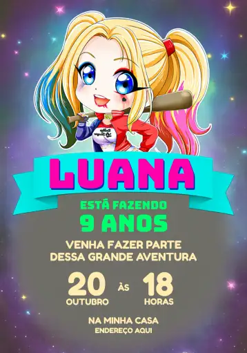 Convite Arlequina Quadrinhos para aniversário infantil com tema de super-heróis e quadrinhos. – tema aniversário infantil (quadrinhos, carnaval, colorido, divertido, jovial)