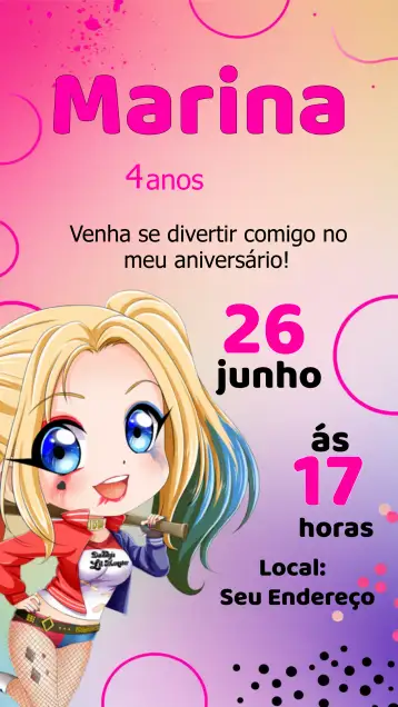 Convite Arlequina Quinn para aniversário infantil com temática da arlequina. – tema aniversário infantil (rosa, temática de quadrinhos, divertido, moderno, colorido)