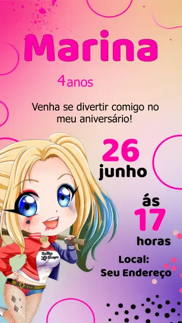 Convite Arlequina Quinn editável e personalizável