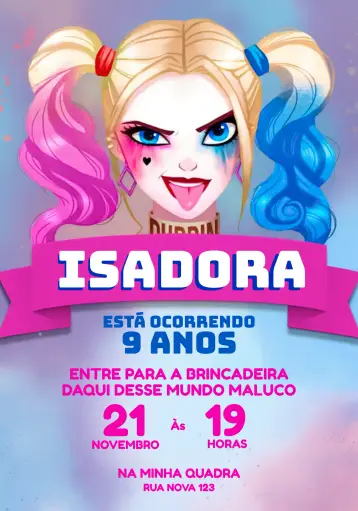 Convite Arlequina Rosa editável e personalizável