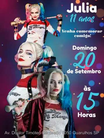 Convite Arlequina Rosa para cumpleaños infantil – tema cumpleaños infantil (rosa, azul, blanco, divertido, temático)