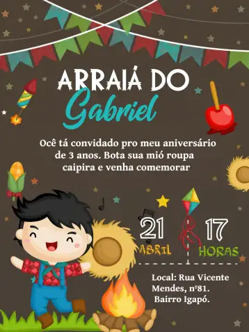 Convite Arraiá Festa Junina Cinza para festa de são joão ou arraiá. – tema datas comemorativas (estrelado, modernos, colorido, festivo, elegante)