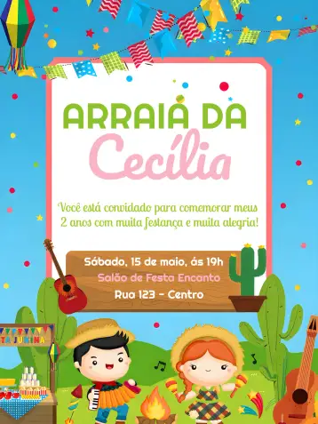 Convite Arraiá Festa Junina Bonfire para junina party or children's birthday. – tema commemorative dates (colorful, vintage, rustic, festive, cheerful, traditional)