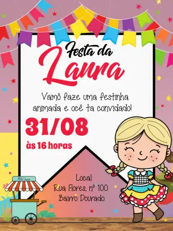 Convite Arraiá Festa Junina São para aniversário infantil ou festa temática junina. – tema datas comemorativas (vibrante, junino, colorido, temático, festivo)