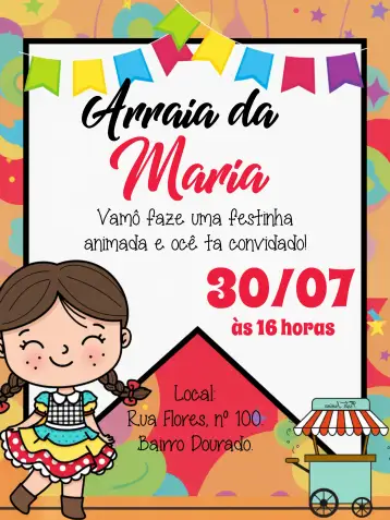 Convite Arraiá Festa Junina São para festa junina, themed birthday, or arraiá. – tema commemorative dates (vibrant, colorful, traditional, festive, typical, cheerful)