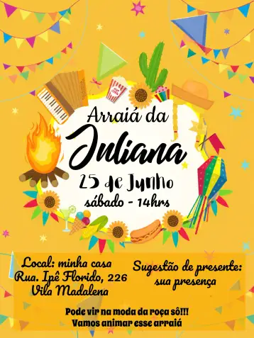 Convite Arraiá Fiesta Junina Sertanejo para fiesta junina, cumpleaños temático o evento sertanejo. – tema fechas conmemorativas (colorido, caipira, vintage, festivo, rústico, tradicional)