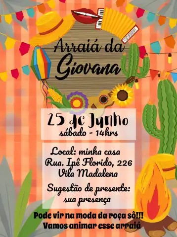 Convite Arraiá Festa Junina Sertanejo editável e personalizável