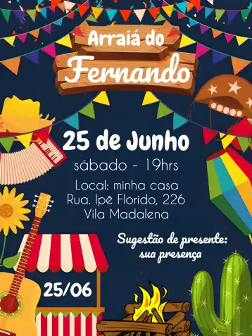 Convite Arraiá Julina – tema Datas Comemorativas colorido, caipira, vintage, alegre, festivo, rústico