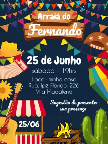 Convite Arraiá Julina para festa temática junina ou aniversário com estilo caipira. – tema datas comemorativas (colorido, caipira, vintage, alegre, festivo, rústico)