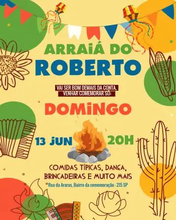 Convite Arraiá São João Orange para june party and são joão celebrations. – tema commemorative dates (vibrant, colorful, traditional, festive, Northeastern, cheerful)