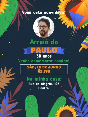 Convite Arraial Festa Junina Con Foto Azul para fiesta junina o arraial de san juan. – tema fechas conmemorativas (colorido, junino, festivo, vintage, alegre)