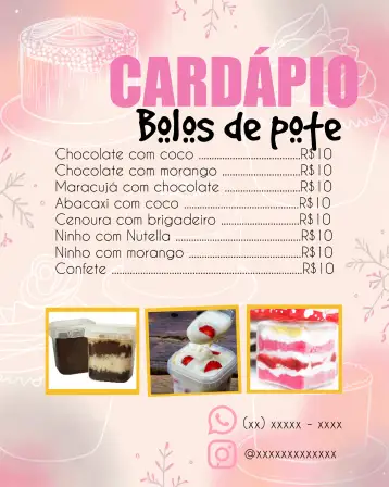Convite Arte Menú Pasteles en Frasco Pastelería para cumpleaños, baby shower o fiesta temática. – tema más buscados (rosa, pastelería, moderno, divertido, minimalista)