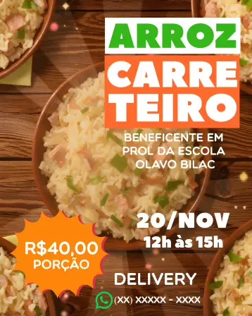 Convite Arte Para Arroz Carreteiro Beneficente Arrox para evento beneficente con temática de arroz carreteiro. – tema más buscados (colorido, moderno, vintage, artístico, minimalista)