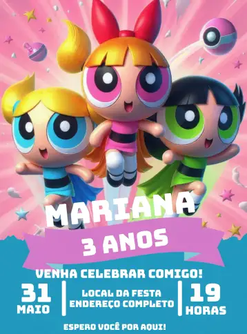 Convite The Powerpuff Girls Docinho para children's birthday party with the powerpuff girls theme. – tema most searched for (colorful, fun, childish, lively, playful)