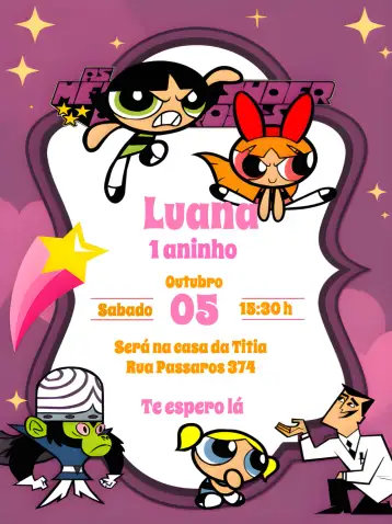 Convite The Powerpuff Girls Kids para kids birthday. – tema kids' birthday party (colorful, fun, childish, modern, playful)
