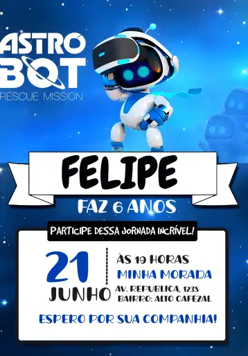 Convite Astro Bot Azul para aniversário infantil com tema de astro e robô. – tema mais pesquisados (moderno, lúdico, tecnológico, espacial, colorido)