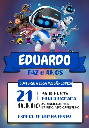Convite Astro Bot Azul para aniversário infantil com tema de robô. – tema mais pesquisados (gamer, moderno, divertido, colorido, tecnológico, infantil)
