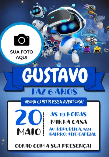 Convite Astro Bot Con Foto Astrobot para cumpleaños infantil con temática espacial. – tema más buscados (espacial, moderno, tecnológico, divertido, colorido)