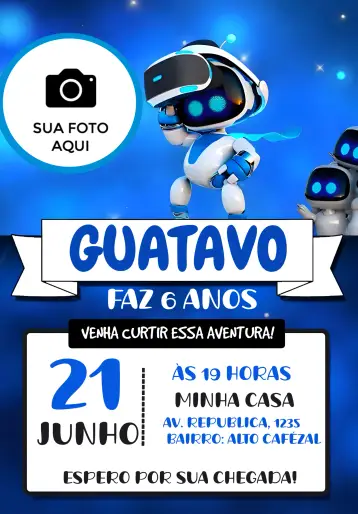 Convite Astro Bot Com Foto Branco editável e personalizável
