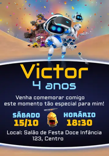 Convite Astro Bot Mimir para cumpleaños infantil con temática de robots y juegos. – tema más buscados (moderno, tecnológico, colorido, divertido, infantil, futurista)