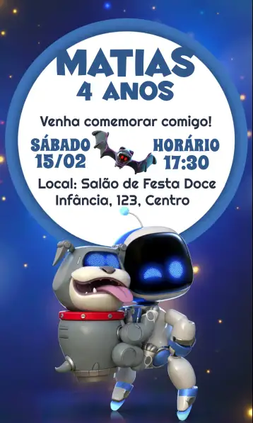 Convite Astro Bot Universo para aniversário infantil – tema mais pesquisados (galáxia, robô, espaço, futurista, brilhante, colorido)