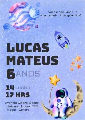 Convite Astronauta Acuarela para cumpleaños infantil con temática de espacio. – tema cumpleaños infantil (acuarela, espacio, astronauta, galaxia, púrpura y azul, temática infantil)