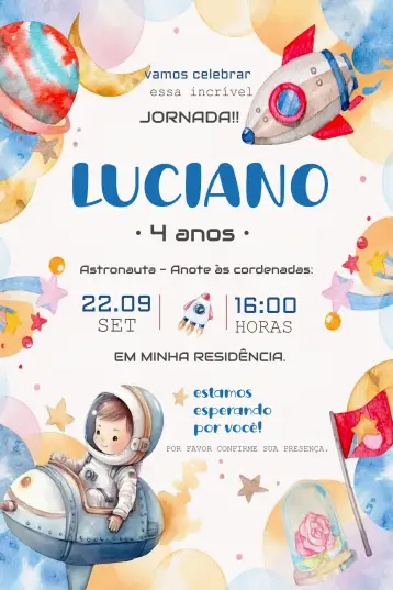 Convite Astronauta Acuarela Infantil para cumpleaños infantil con temática espacial. – tema más buscados (acuarela, espacio, temática infantil, colores suaves, elementos lúdicos)