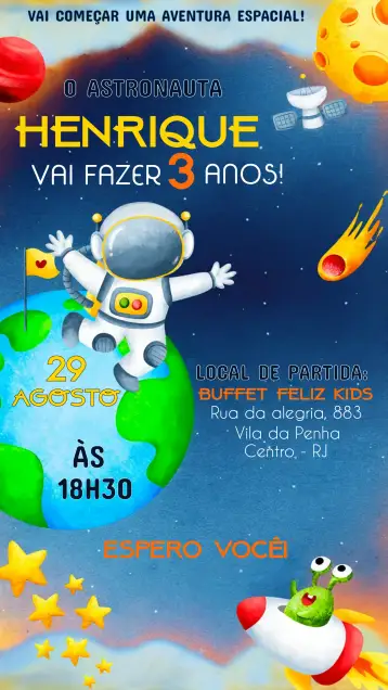 Convite Astronauta para cumpleaños infantil con temática espacial. – tema más buscados (espacial, divertido, colorido, moderno, lúdico, infantil)