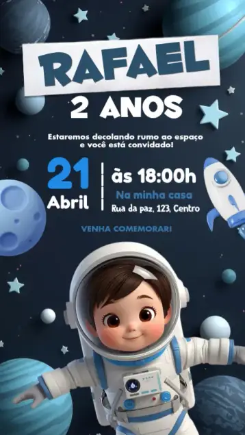 Convite Astronauta espaço sideral para aniversário infantil com tema espacial. – tema aniversário infantil (espacial, cósmico, divertido, infantil, moderno)