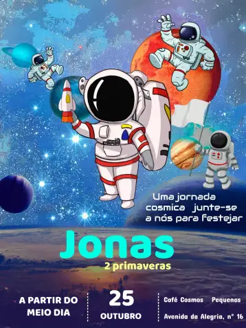 Convite Astronauta Galaxia para cumpleaños infantil o fiesta tematica espacial. – tema más buscados (galáctico, astronómico, moderno, infantil, futurista, colorido)