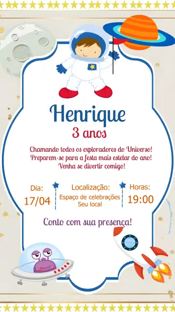 Invitación Astronauta Planetas editable y personalizable