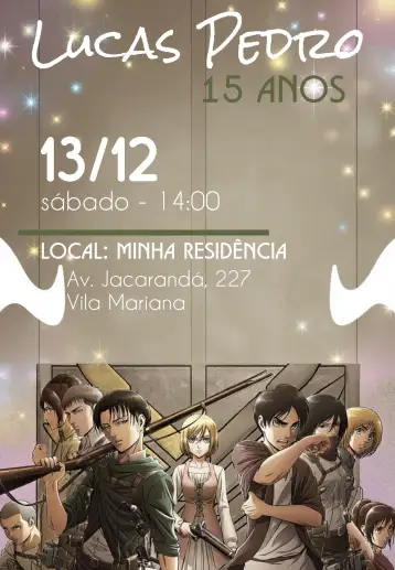 Convite Attack On Titan Anime Animes para aniversário infantil com tema attack on titan. – tema aniversário infantil (anime, japão, aventura, colorido, moderno)