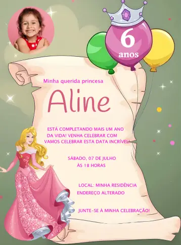 Convite Aurora Princesa Da Disney Com Foto Amarelo editável e personalizável