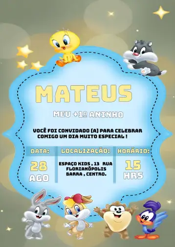 Convite Baby Looney Tunes Bday para cumpleaños infantil – tema más buscados (azul, divertido, infantil, personajes animados, colorido, temático)