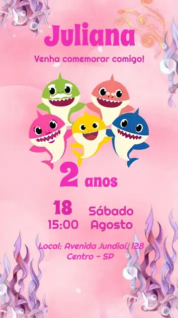 Convite Baby Shark Doo para aniversário infantil com tema baby shark. – tema mais pesquisados (marinho, colorido, divertido, infantil, rosa, temático)