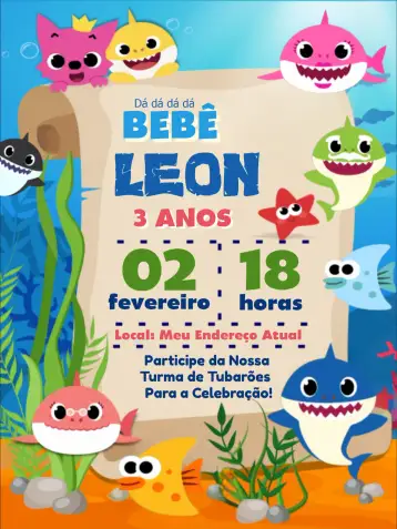 Convite Baby Shark Mar para aniversário infantil. – tema aniversário infantil (marinho, colorido, temática aquática, divertido, infantil, ilustração alegre)