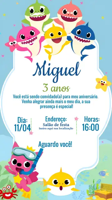Convite Baby Shark Tubarão para aniversário infantil com tema baby shark. – tema mais pesquisados (colorido, marinho, divertido, animais, temático, infantil)