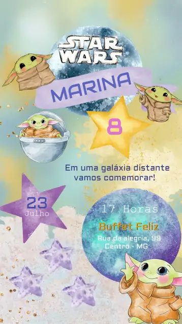 Convite Baby Yoda Grugo para aniversário infantil – tema mais pesquisados (aquarela, temático, colorido, divertido, moderno, infantil)