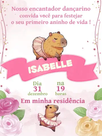 Convite Bailarina Capivara Rosa para aniversário infantil – tema cumpleaños infantil (rosa, divertido, lúdico, naturaleza, infantil, colorido)