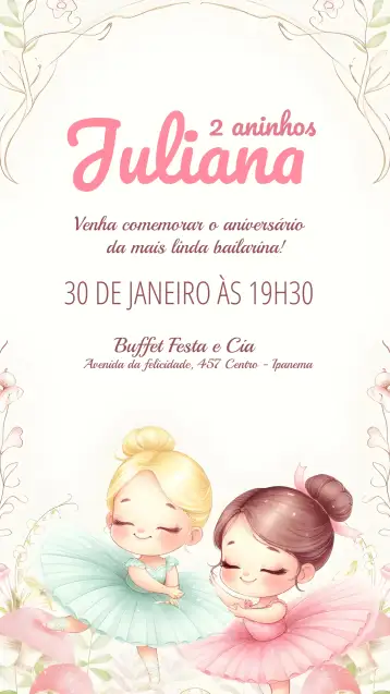 Convite Delicate Ballerina para kids' birthday with a ballet theme. – tema most searched for (floral, delicate, pink, ballerina, childlike, elegant)