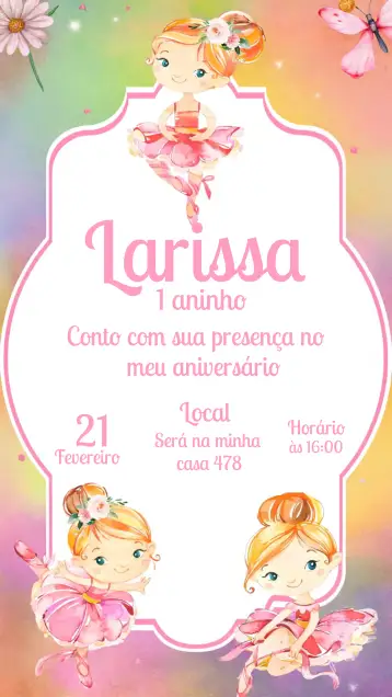 Convite Bailarina Niña para cumpleaños infantil. – tema más buscados (floral, rosa, blanco, delicado, infantil, colorido)