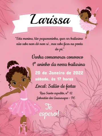 Invitación Bailarina Negra Rosa editable y personalizable