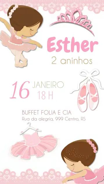 Convite Bailarina Sapatilha para aniversário infantil. – tema mais pesquisados (rosa, delicado, infantil, bailarina, festa temática)
