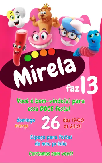 Convite Bala Fini Rosa para aniversário infantil. – tema aniversário infantil (rosa, lúdico, colorido, divertido, infantil)