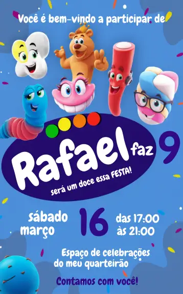 Convite Bala Fini Dentadura para aniversário infantil – tema cumpleaños infantil (divertido, colorido, lúdico, infantil, azul, temática de doces)